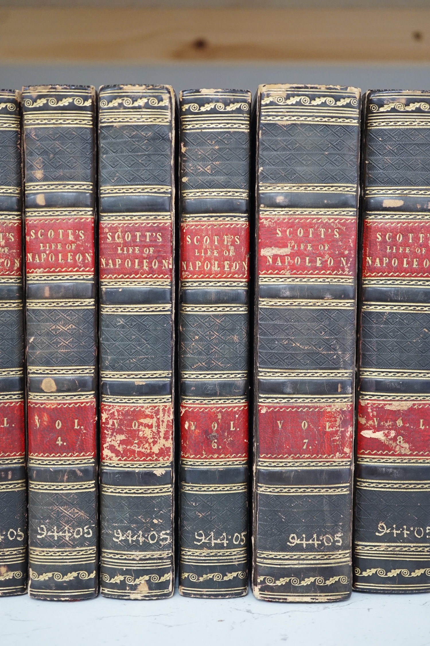 [Scott, Sir Walter] - The Life of Napoleon Buonaparte, Emperor of the French ... 9 vols. half titles and errata slips; 19th century gilt decorated calf, panelled spines with red labels, marbled edges, cr.8vo. Edinburgh,